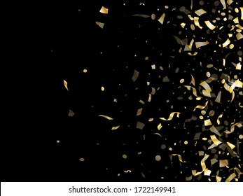 Gold glitter confetti flying on black holiday vector graphic design. Glamour flying tinsel elements, gold foil gradient serpentine streamers confetti falling party background.
