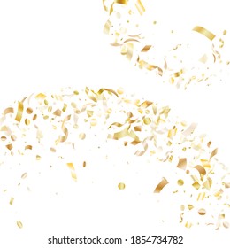 Gold glitter confetti flying on white holiday poster background. Rich flying tinsel elements, gold foil gradient serpentine streamers confetti falling birthday vector.