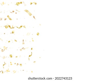 Gold glitter confetti flying on white holiday vector design. Luxurious flying tinsel elements, gold foil texture serpentine streamers confetti falling xmas vector.