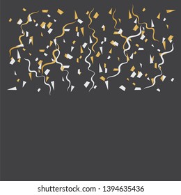 Gold glitter confetti flying vector background. Falling shiny golden confetti background 