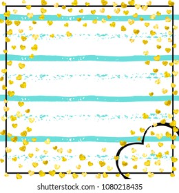 Gold glitter confetti with hearts on turquoise stripes. Shiny random falling sequins with sparkles. Design with gold glitter confetti for party invitation, banner, greeting card, bridal shower.