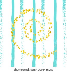Gold glitter confetti with hearts on turquoise stripes. Shiny random falling sequins with sparkles. Design with gold glitter confetti for party invitation, banner, greeting card, bridal shower.