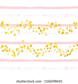 Gold glitter confetti with hearts on pink stripes. Random falling sequins with metallic shimmer. Template with gold glitter confetti for greeting card, bridal shower and save the date invite.