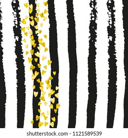 Gold glitter confetti with hearts on black stripes. Falling sequins with shimmer and sparkles. Design with gold glitter confetti for party invitation, bridal shower and save the date invite.