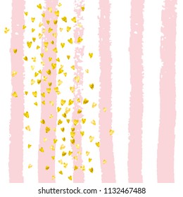 Gold glitter confetti with hearts on pink stripes. Sequins with metallic shimmer and sparkles. Template with gold glitter confetti for party invitation, banner, greeting card, bridal shower.