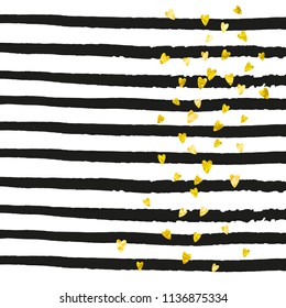 Gold glitter confetti with hearts on black stripes. Random falling sequins with glossy sparkles. Template with gold glitter confetti for party invitation, bridal shower and save the date invite.