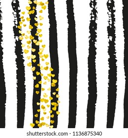 Gold glitter confetti with hearts on black stripes. Shiny random falling sequins with sparkles. Template with gold glitter confetti for party invitation, event banner, flyer, birthday card.