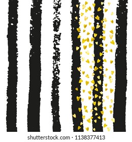 Gold glitter confetti with hearts on black stripes. Random falling sequins with glossy sparkles. Design with gold glitter confetti for party invitation, banner, greeting card, bridal shower.