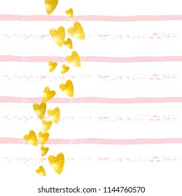 Gold glitter confetti with hearts on pink stripes. Shiny random falling sequins with sparkles. Template with gold glitter confetti for party invitation, banner, greeting card, bridal shower.