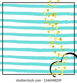 Gold glitter confetti with hearts on turquoise stripes. Random falling sequins with metallic shimmer. Design with gold glitter confetti for party invitation, bridal shower and save the date invite.