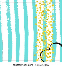 Gold glitter confetti with hearts on turquoise stripes. Falling sequins with shimmer and sparkles. Design with gold glitter confetti for party invitation, event banner, flyer, birthday card.