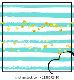 Gold glitter confetti with hearts on turquoise stripes. Shiny random sequins with metallic sparkles. Design with gold glitter confetti for greeting card, bridal shower and save the date invite.