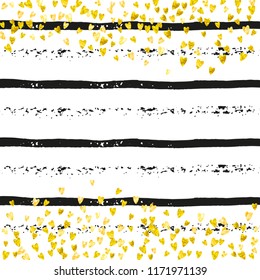 Gold glitter confetti with hearts on black stripes. Shiny random falling sequins with sparkles. Template with gold glitter confetti for party invitation, bridal shower and save the date invite.