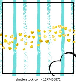 Gold glitter confetti with hearts on turquoise stripes. Shiny falling sequins with shimmer and sparkles. Design with gold glitter confetti for party invitation, event banner, flyer, birthday card.