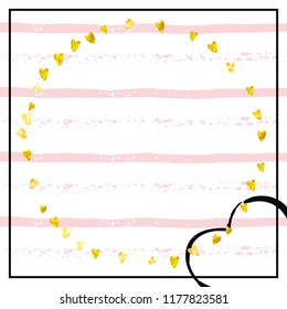 Gold glitter confetti with hearts on pink stripes. Shiny random falling sequins with shimmer. Template with gold glitter confetti for party invitation, banner, greeting card, bridal shower.