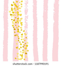 Gold glitter confetti with hearts on pink stripes. Sequins with metallic shimmer and sparkles. Design with gold glitter confetti for party invitation, event banner, flyer, birthday card.