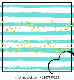 Gold glitter confetti with hearts on turquoise stripes. Shiny falling sequins with shimmer and sparkles. Design with gold glitter confetti for greeting card, bridal shower and save the date invite.