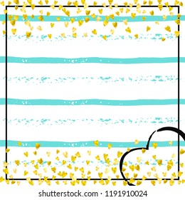 Gold glitter confetti with hearts on turquoise stripes. Falling sequins with metallic shimmer. Design with gold glitter confetti for greeting card, bridal shower and save the date invite.