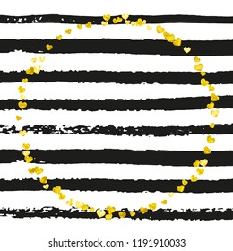 Gold glitter confetti with hearts on black stripes. Falling sequins with shimmer and sparkles. Template with gold glitter confetti for party invitation, event banner, flyer, birthday card.