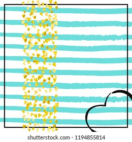 Gold glitter confetti with hearts on turquoise stripes. Shiny random falling sequins with shimmer. Design with gold glitter confetti for party invitation, banner, greeting card, bridal shower.