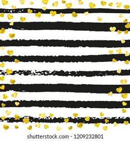 Gold glitter confetti with hearts on black stripes. Random falling sequins with glossy sparkles. Design with gold glitter confetti for party invitation, bridal shower and save the date invite.