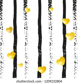 Gold glitter confetti with hearts on black stripes. Random falling sequins with glossy sparkles. Template with gold glitter confetti for greeting card, bridal shower and save the date invite.