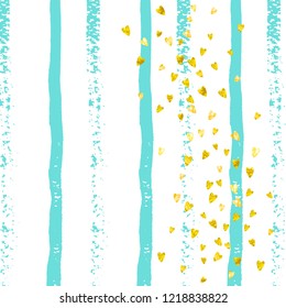 Gold glitter confetti with hearts on turquoise stripes. Falling sequins with shimmer and sparkles. Design with gold glitter confetti for party invitation, bridal shower and save the date invite.