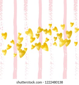 Gold glitter confetti with hearts on pink stripes. Shiny random falling sequins with shimmer. Design with gold glitter confetti for greeting card, bridal shower and save the date invite.