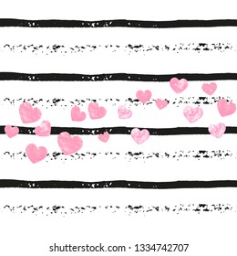 Gold glitter confetti with hearts on black stripes. Shiny random falling sequins with shimmer. Template with gold glitter confetti for party invitation, event banner, flyer, birthday card.