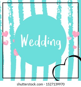 Gold glitter confetti with hearts on pink stripes. Shiny random falling sequins with shimmer. Template with gold glitter confetti for greeting card, bridal shower and save the date invite.