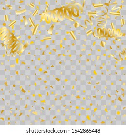 Gold glitter confetti. Light background Shiny abstract texture. Vector abstract graphic design. New Year Christmas. Gold glitter background. Vector elegant invitation template. Celebrate background.