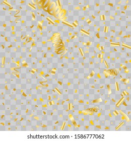 Gold glitter confetti. Light background Shiny abstract texture. Vector abstract graphic design. New Year Christmas. Gold glitter background. Vector elegant invitation template. Celebrate background.