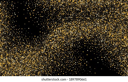 Gold glitter confetti on a black background. Shiny particles scattered, sand. Decorative element. Luxury background for your design, cards, invitations, vector