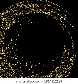Gold glitter confetti on a black background. Shiny particles scattered, sand. Decorative element. Luxury background for your design, cards, invitations, vector