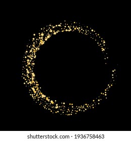 Gold glitter confetti on black background, frame. Zen. Scattered with shiny particles, sand. Decorative element. Luxury background for your design, greeting cards, invitations, vector