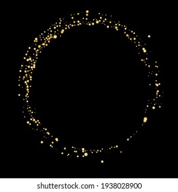 Gold glitter confetti on black background, frame. Zen. Scattered with shiny particles, sand. Decorative element. Luxury background for your design, greeting cards, invitations, vector