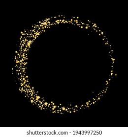 Gold glitter confetti on black background, frame. Zen. Scattered with shiny particles, sand. Decorative element. Luxury background for your design, greeting cards, invitations, vector