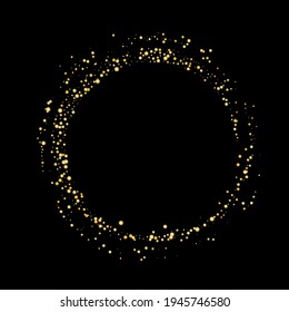Gold glitter confetti on black background, frame. Zen. Scattered with shiny particles, sand. Decorative element. Luxury background for your design, greeting cards, invitations, vector