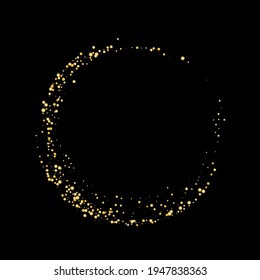 Gold glitter confetti on black background, frame. Shiny particles are scattered, sand. Decorative element. Luxury background for your design, greeting cards, invitations, vector