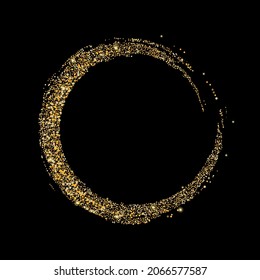 Gold glitter confetti on a black background. Scattered in a circle are shiny particles, sand. Decorative element, golden zen. Luxury background for your design, postcard, vector