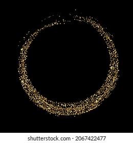 Gold glitter confetti on a black background. Scattered in a circle are shiny particles, sand. Decorative element, golden zen. Luxury background for your design, postcard, vector