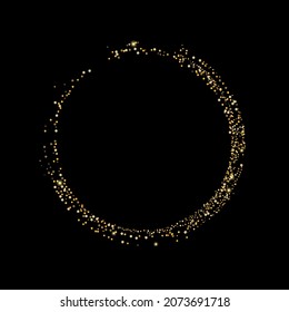 Gold glitter confetti on a black background. Scattered in a circle are shiny particles, sand. Decorative element, golden zen. Luxury background for your design, postcard, vector