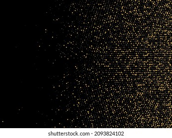 Gold glitter confetti on a black background. Shiny sand particles scattered in a circle. Decorative items. Luxury background for your design, greeting cards, invitations, vector