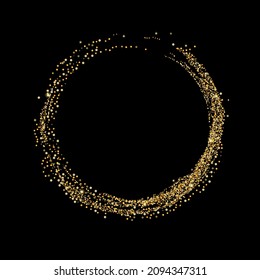 Gold glitter confetti on a black background. Scattered in a circle are shiny particles, sand. Decorative element, golden zen. Luxury background for your design, postcard, vector