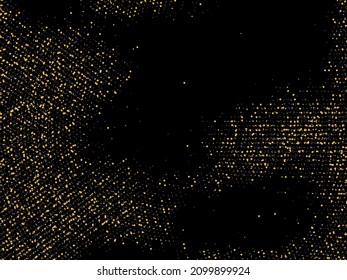 Gold glitter confetti on a black background. Shiny sand particles scattered in a circle. Decorative items. Luxury background for your design, greeting cards, invitations, vector