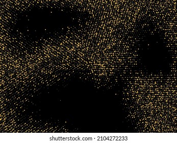 Gold glitter confetti on a black background. Shiny sand particles scattered in a circle. Decorative items. Luxury background for your design, greeting cards, invitations, vector