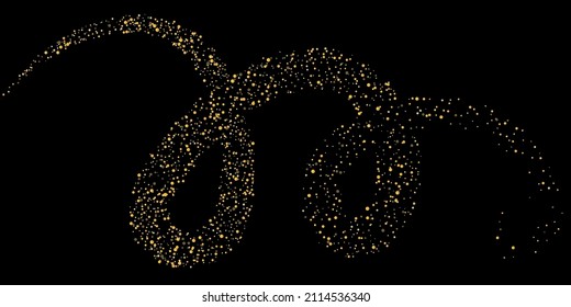 Gold glitter confetti on a black background. Shiny sand particles scattered in a circle. Decorative items. Luxury background for your design, greeting cards, invitations, vector