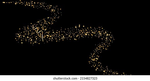 Gold glitter confetti on a black background. Serpentine. Shiny particles are scattered, sand. Decorative element. Luxury background for your design, postcards, invitations, vector