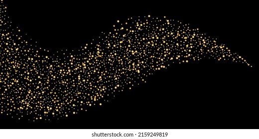 Gold glitter confetti on a black background. Serpentine. Shiny particles are scattered, sand. Decorative element. Luxury background for your design, postcards, invitations, vector