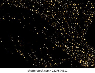 Gold glitter confetti on a black background. Shiny particles scattered, sand. Decorative element. Luxury background for your design, cards, invitations, vector